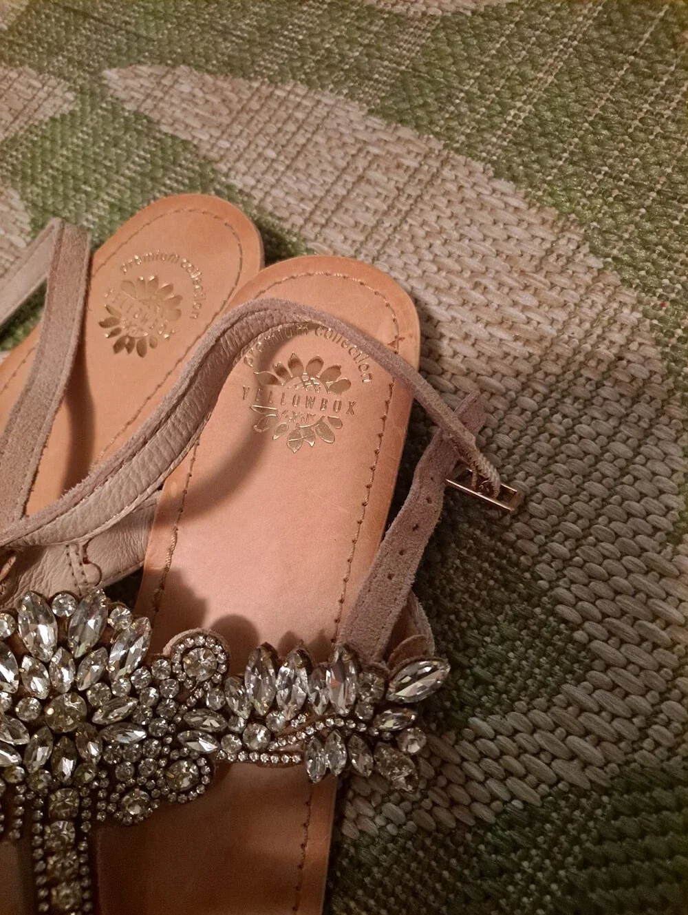 YellowBox Embellished Taupe Crystal T-Strap Sandals - Picture 3 of 6